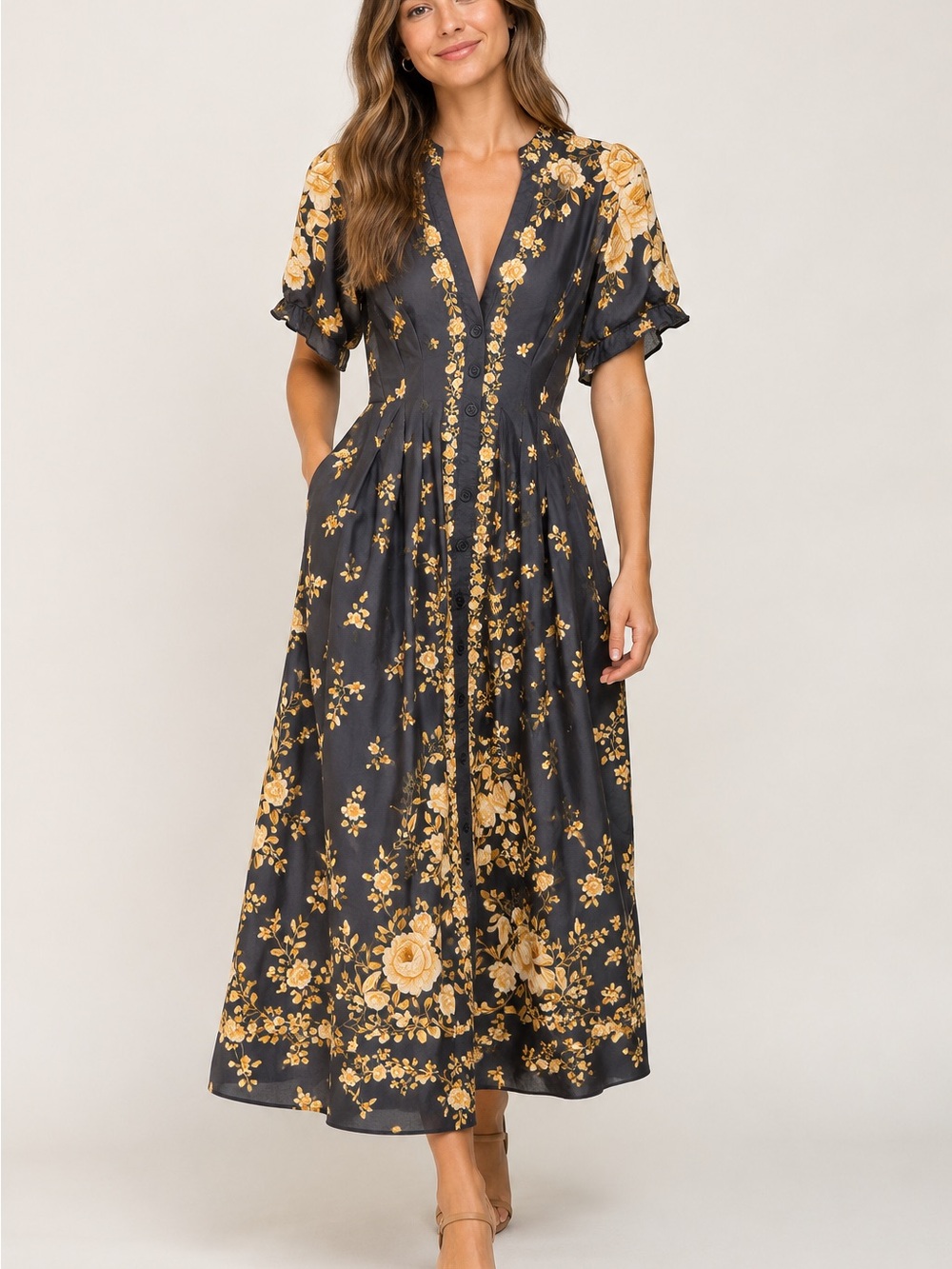 FARM Rio Charcoal Maxi Dress with Mustard Floral Print